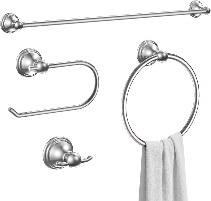 Formosa Design Hardware Classic 4-Piece Bathroom Accessories Set, 24-inch Towel Bar, Toilet Paper Holder, Towel Ring, and Robe Hook, Durable Zinc Alloy & Stainless Steel, (Polished Chrome Finish)