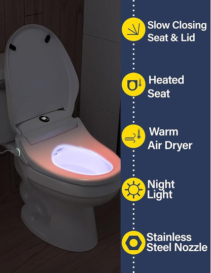 Bidet Toilet Seat, Smart Unlimited Warm Water, Electronic Heated Toilet Seat with Remote Control, Turbo Wash, Dryer, Rear and Front Wash, Slow Closes, Night Light, White 225D (Round)