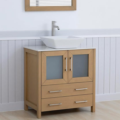 Vanity Art 30 Inch Vessel Single Sink Bathroom Vanity Cabinet with 1 Mirror, Engineered Marble Top Bathroom Cabinet Compact Set with 2 Dovetail Drawers and Soft Closing Doors, VA3130-NO