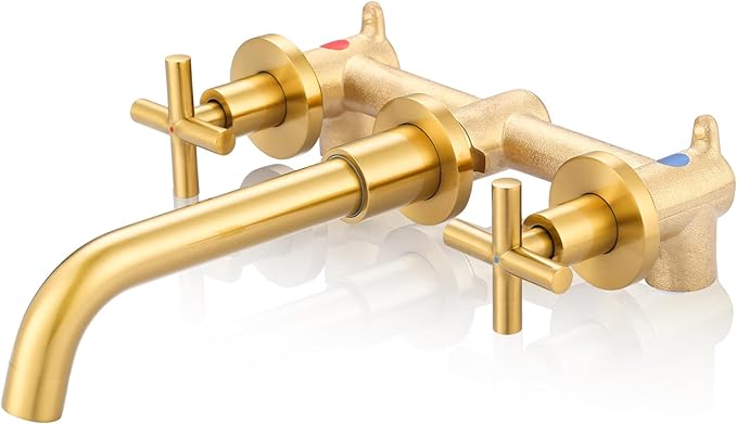 ARCORA Wall Mount Bathroom Faucet, Brushed Gold Bathroom Sink Faucet, 2 Handle Wall Mount Vessel Sink Faucet Rough in Brass Valve Included