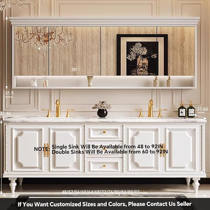 Bathroom Vanity with Single/Double Sink,Smart Defogging Mirror and Cabinet,48-92IN French Elegant Style Solid Wood Floor Standing Vanity