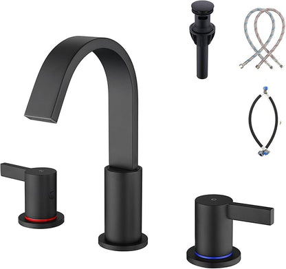 Matte Black Bathroom Faucets 3 Holes, 8 Inch Widespread Bathroom Sink Faucet, 2 Handles Black Bathroom Faucet with Pop-up Drain and Supply Hose SE-0018-BK