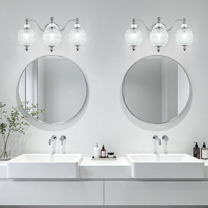 Brushed Chrome Bathroom Vanity Light, 3-Light Mid Century Modern Brushed Chrome Finish Wall Sconce with Globe Glass Shades, Modern Mirror Light for Bathroom, Powder Room