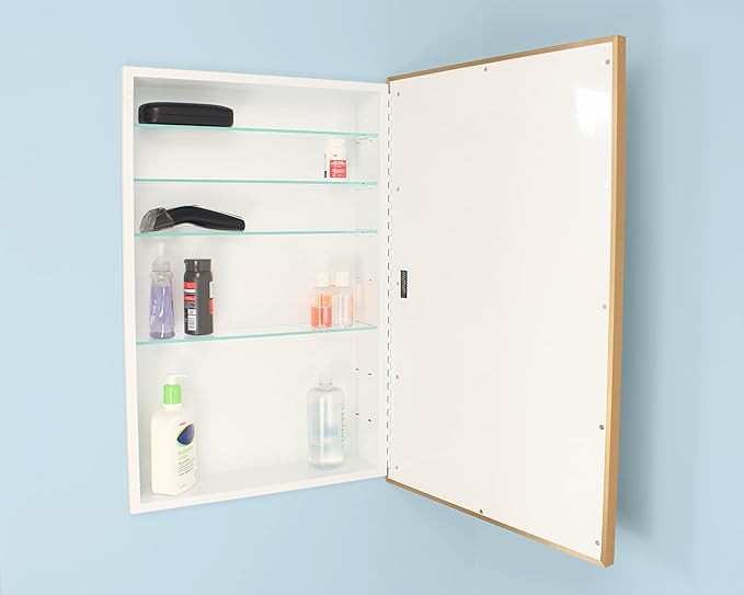 Fox Hollow Furnishings 20x30 Parker Metro Metal Framed Rectangle Recessed Bathroom Medicine Cabinet, Floating Mirror, 14x24 in-Wall Opening, Steel, Adjustable Glass Shelves, Magnet Close, Gold