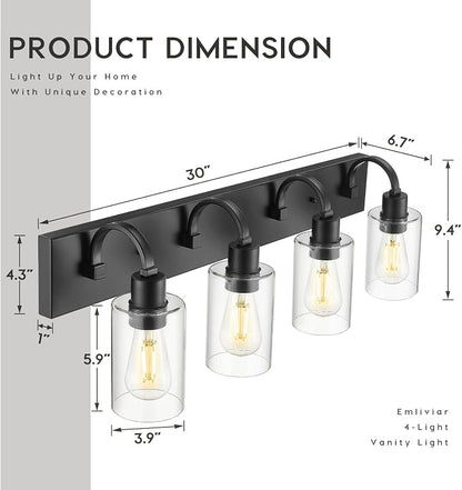 Emliviar Black Bathroom Vanity Light 4 Lights, Bath Lighting Over Mirror with Clear Glass Shade, YCE237B-4W BK