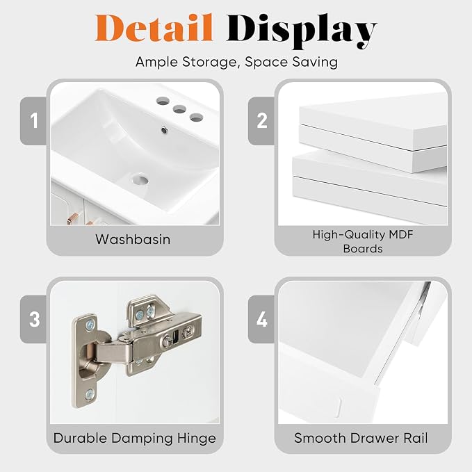 DUMOS 24'' Modern Bathroom Vanity Cabinet, Freestanding Bathroom Storage | Set with Smooth Ceramic Undermount Sink Basin, 2 Cabinet Doors and 1 Drawer Design, Easy Assmble Furniture, No Faucet, Ivory