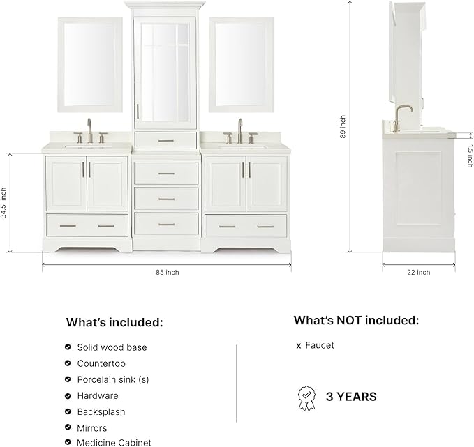 ARIEL Stafford 84-inch Bathroom Vanity with Sink,Solid Wood, 1.5-inch Pure White Quartz Countertop & Backsplash, Double Rectangular Porcelain Sink, 5 Soft Closing Doors, 6 Dovetail Drawers, White