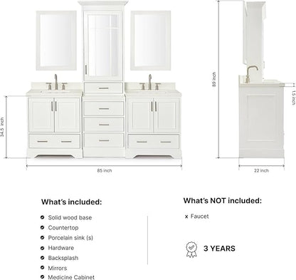 ARIEL Stafford 84-inch Bathroom Vanity with Sink,Solid Wood, 1.5-inch Pure White Quartz Countertop & Backsplash, Double Rectangular Porcelain Sink, 5 Soft Closing Doors, 6 Dovetail Drawers, White