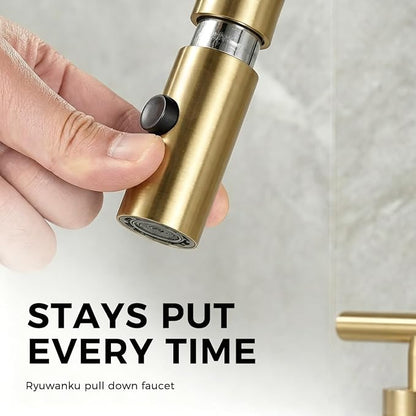 Brushed Gold Pull Down Bathroom Faucet with Pop-up Drain, 8 inch Widespread Bathroom Faucet 3 Hole with Pull Down Sprayer 2 Modes. 8'' Brushed Gold Bathroom Faucet with Supply Lines