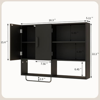 Medicine Cabinet, Wooden Bathroom Wall Cabinet with 2 Doors, Adjustable Shelves & Towel Bar, Over Toilet Storage Cabinet Wall Mounted for Kitchen & Laundry, Black