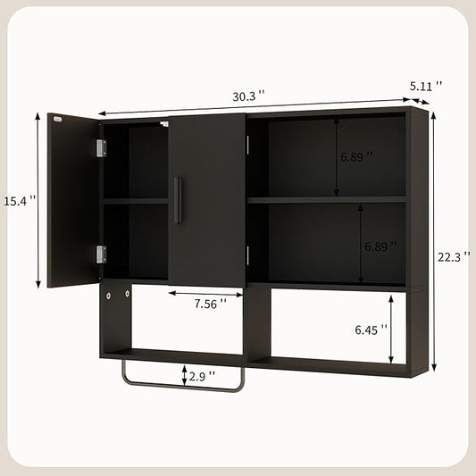 Medicine Cabinet, Wooden Bathroom Wall Cabinet with 2 Doors, Adjustable Shelves & Towel Bar, Over Toilet Storage Cabinet Wall Mounted for Kitchen & Laundry, Black