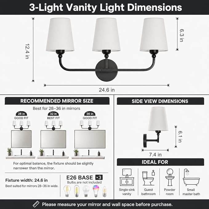 Bathroom Vanity Light, Matte Black Bathroom Lighting Fixtures Over Mirror | 3-Light Bathroom Light Fixtures with Flared White Fabric Shade, E26 Socket (ETL Listed)