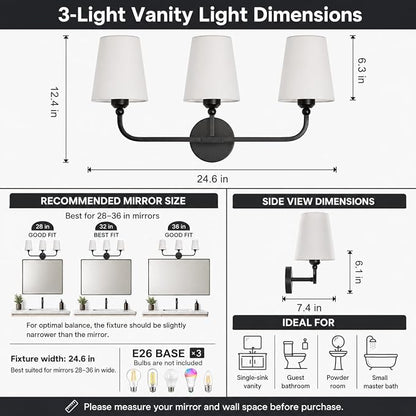 Bathroom Vanity Light, Matte Black Bathroom Lighting Fixtures Over Mirror | 3-Light Bathroom Light Fixtures with Flared White Fabric Shade, E26 Socket (ETL Listed)