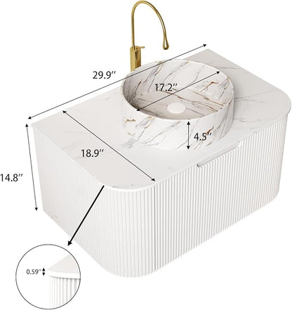 Yayzy 30" Floating Bathroom Vanity with Sink, Solid Wood Fluted Cabinet, White Marble-Patterned Ceramic Basin & Faux Marble Top, Soft-Close Drawer, Pre-Assembled, White