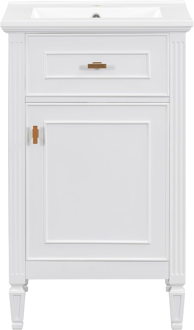 20 Inch Small Bathroom Vanity with Sink, Vanity Cabinet with Tip-Out Drawer and Door Rack Organizer, Adjustable Shelf, White