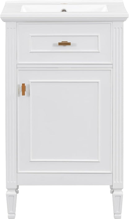 20 Inch Small Bathroom Vanity with Sink, Vanity Cabinet with Tip-Out Drawer and Door Rack Organizer, Adjustable Shelf, White