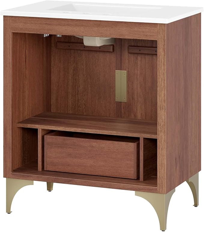 Modway Daylight Bathroom Vanity Cabinet with Ceramic Sink Basin, 30 Inch, White Walnut