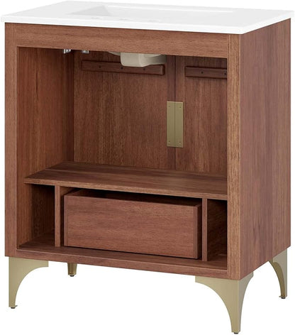 Modway Daylight Bathroom Vanity Cabinet with Ceramic Sink Basin, 30 Inch, White Walnut
