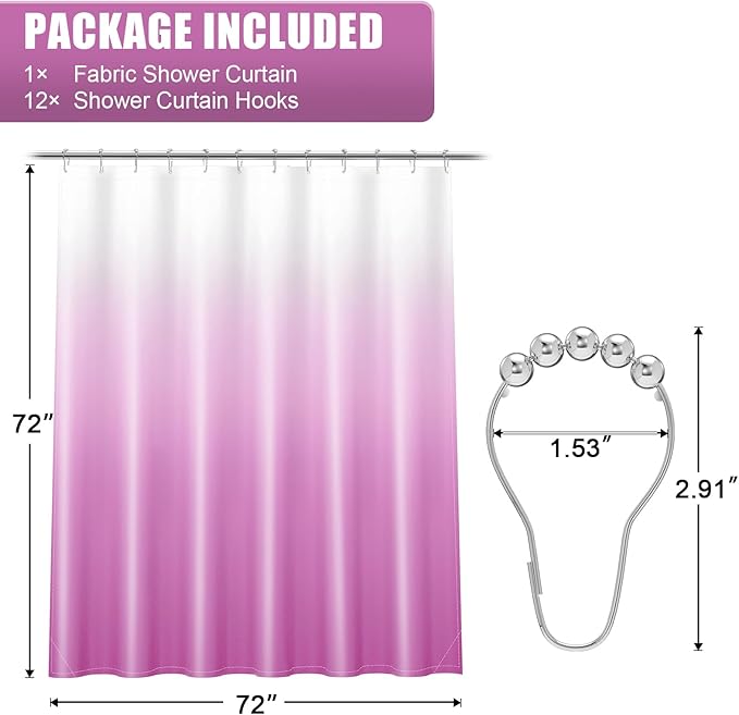 OLANLY Luxury Pink and White Ombre Shower Curtain Sets with 12 Hooks, Waterproof and Washable Decorative Shower Curtains for Bathroom, 72x72 Inches