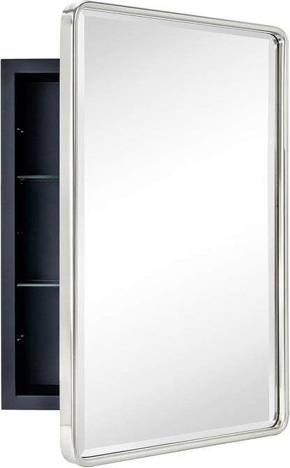 TEHOME Surface Mount 16x24 Brushed Nickel Bathroom Medicine Cabinet with Mirror Metal Framed Rounded Rectangle Medicine Cabinet with Beveled Mirror