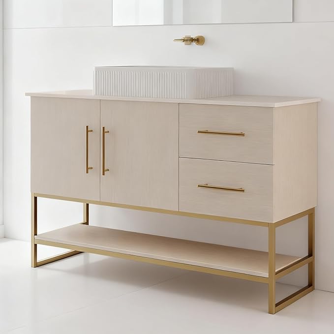 48" Bathroom Vanity with Sink, Modern Free-Standing Bathroom Vanity Cabinet with Ceramic Sink&1 Cabinet&2 Drawers&1 Open Shelf, Single Sink Wood Bathroom Vanities Set,White Oak