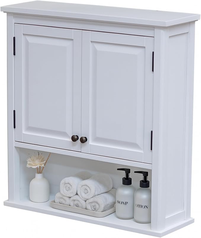 Dorset Bathroom Wall Cabinet - White Bathroom Cabinet Wall Mount Medicine Organizer with Adjustable Shelves, 2 Doors & Open Shelf - Space Saver Above Toilet Storage Cabinet by Alaterre Furniture