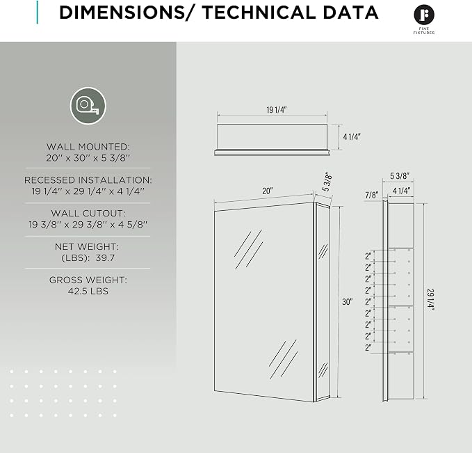 Bathroom Medicine Cabinet, Aluminum, Recessed/Surface Mount, 20" x 30", Right/Left Hinged, Mirrored Interior