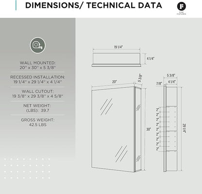 Bathroom Medicine Cabinet, Aluminum, Recessed/Surface Mount, 20" x 30", Right/Left Hinged, Mirrored Interior