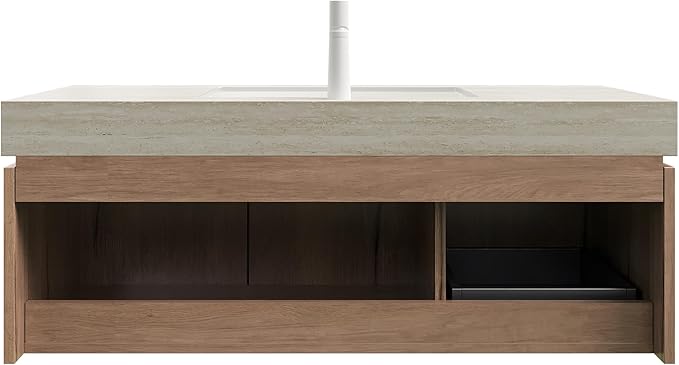 48 Inch Floating Bathroom Vanity with Sink, Wall-Mounted Bathroom Vanity with Drawer and 2 Doors, Roma Travertine-Pattern Countertop and Ceramic Basin, Pre-Assembled, White Oak