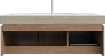 48 Inch Floating Bathroom Vanity with Sink, Wall-Mounted Bathroom Vanity with Drawer and 2 Doors, Roma Travertine-Pattern Countertop and Ceramic Basin, Pre-Assembled, White Oak