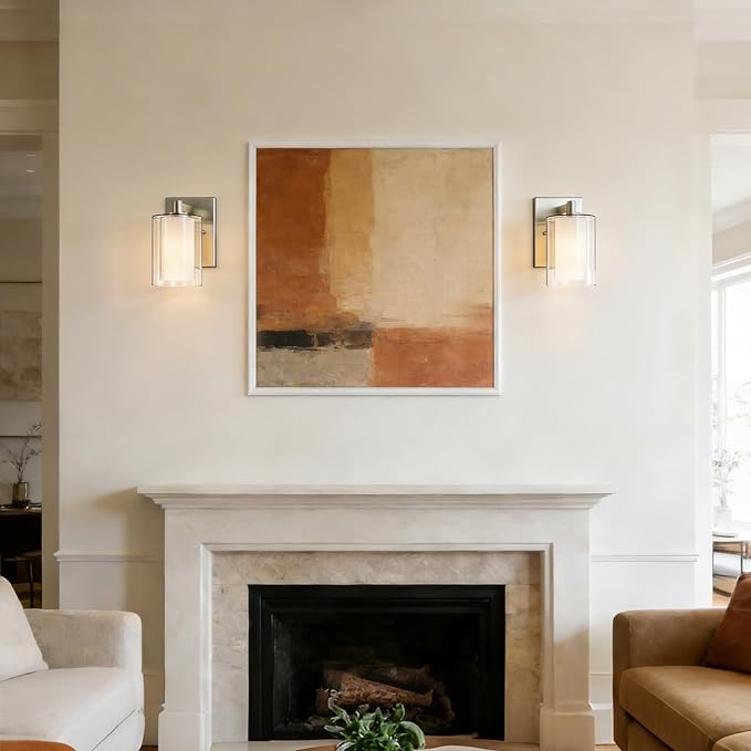 Wall Sconces Set of Two, Modern Brushed Nickel Vanity Wall Lights | Double Clear Glass Shades With E26 Base, Farmhouse Wall Lights For Bathroom, Bedroom, Living Room, Mirror And Hallway.