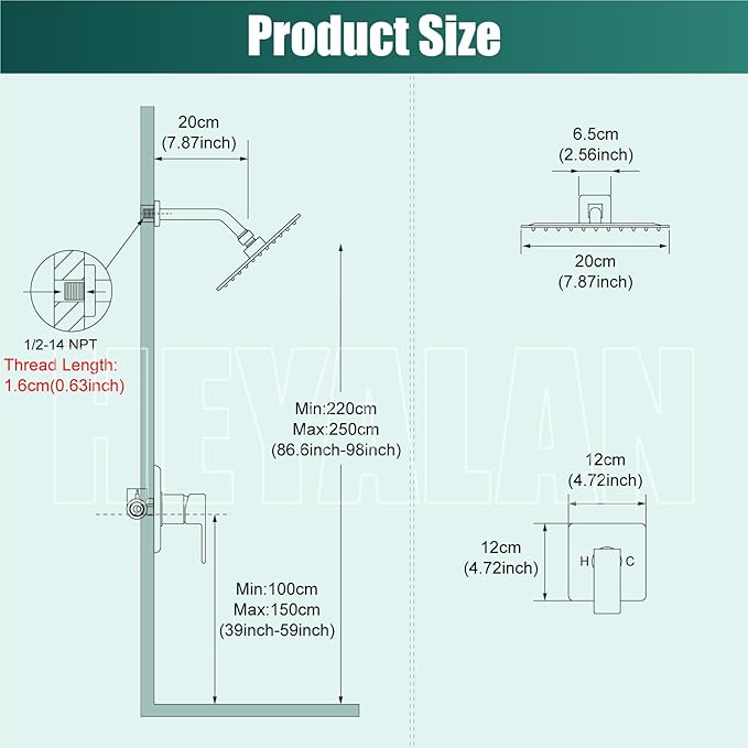 Heyalan 8 Inch Shower Head and Handle Set Square Shower Faucet Set Bathroom Rainfall Shower System Stainless Steel Showerhead Single Function Shower Trim Kit,Female Thread Valve,Brushed Gold