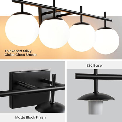 AIJIASI Bathroom Lighting Fixtures Over Mirror, 4-Light Matte Black Vanity Light, 30.7 Inch Modern Bathroom Light Fixtures with Milky White Glass Globe Shade Bath Vanity Lighting Fixtures Wall Sconce