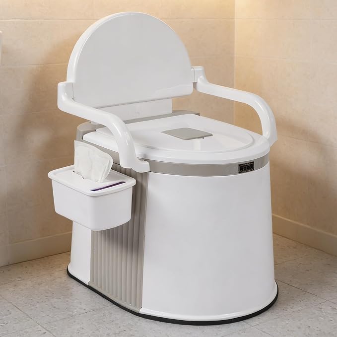 Portable Toilet for Camping, Portable Commode for Elderly, Bucket Toilet with Lid, Armrests and Storage Box, Non-Slip Bottom Strip, Easy Setup, RV Toilets for Travel, Fishing, and Hiking, Grey & White