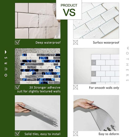 STICKGOO Thicker Design Peel and Stick Tile Backsplash, 12”×12”Stick on Backsplash for Kitchen, Self Adhesive Tile Stickers for Kitchen Backsplash and Bathroom(10 Sheets, Deep Blue)