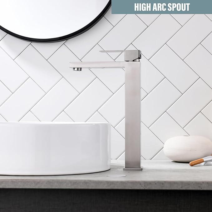 Bathroom Sink Faucet, Brushed Nickel Tall Vessel Sink Faucet, Single Hole Tall Bathroom Faucet Lavatory Vanity Sink Faucet with Pop-up Drain,BF012L