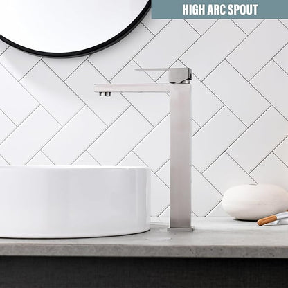 Bathroom Sink Faucet, Brushed Nickel Tall Vessel Sink Faucet, Single Hole Tall Bathroom Faucet Lavatory Vanity Sink Faucet with Pop-up Drain,BF012L