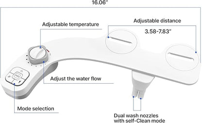 Hot and Cold Bidet Attachment for Toilet, Ultra-Slim Bidet Attachment Warm Water, Non-electric Adjustable Pressure Self Cleaning Dual Nozzle Control for Posterior, Feminine Wash