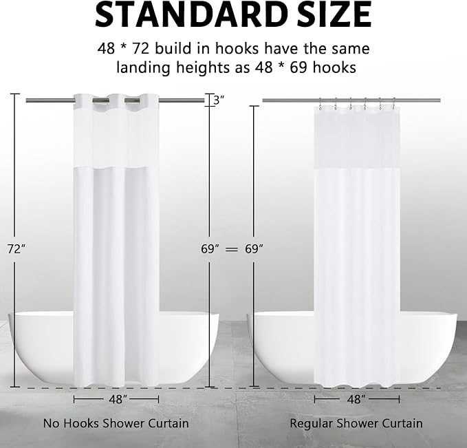 Furlinic Stall Shower Curtain No Hook with Snap in Liner,Waffle Weave Waterproof Bathroom Curtains with See Through Top Window & Weighted Magnets,White,48x72 Inch