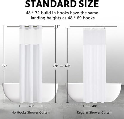 Furlinic Stall Shower Curtain No Hook with Snap in Liner,Waffle Weave Waterproof Bathroom Curtains with See Through Top Window & Weighted Magnets,White,48x72 Inch
