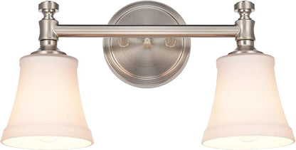 Bathroom Vanity Light Fixtures, Traditional Brushed Nickel 2 Lights Wall Sconce Lighting with Opal Glass Shade, Porch Wall Mount Light Fixture for Bathroom, Mirror Cabinets Hallway Stairs