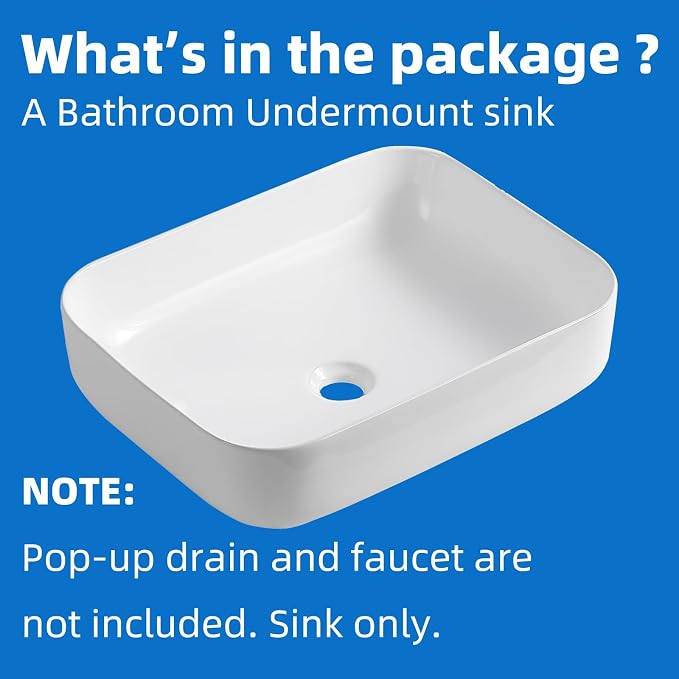 20" Rectangular Ceramic Vessel Sink, White Bathroom Vanity Sink Countertop | KINGWONG Modern No Overflow Wash Basin for Powder Room Guest Bath, Easy Clean Round Corners Above Counter Sink