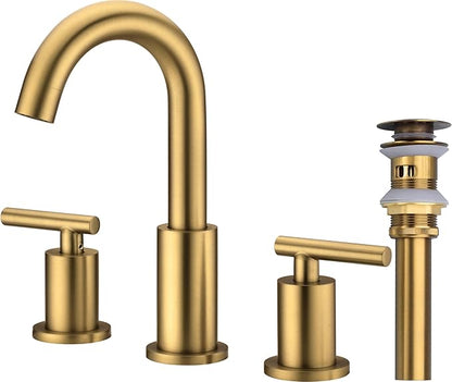 TRUSTMI Bathroom Faucet 2 Handle 8 Inch Widespread Bathroom Sink Faucet with Metal Overflow Drain and cUPC Water Supply Lines, 3 Hole, Brushed Brass Gold