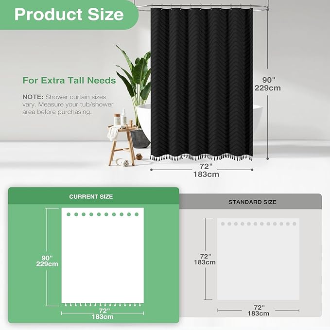 Dynamene Extra Long Shower Curtains, 90 Inches Long Boho Tufted Chevron Striped Fabric Shower Curtains for Bathroom, Tall Minimalist Chic Waterproof Cloth Shower Curtain Set with Hook, Black, 72x90