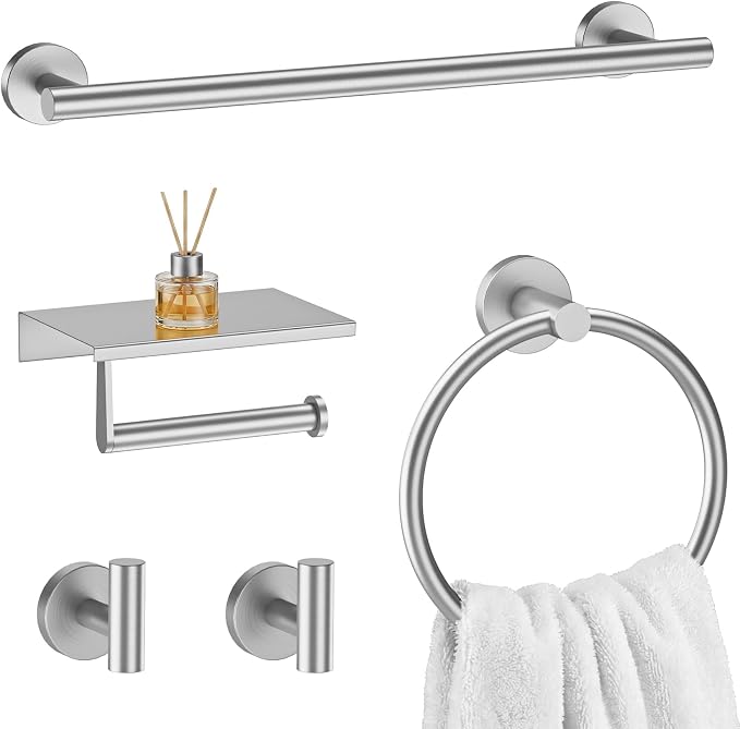 Brushed Nickel 5-Piece Bathroom Hardware Set, 23.6 Inch Towel Bar Set SUS304 Stainless Steel Towel Racks Round Towel Bar, Towel Ring, Toilet Paper Holder, 2 Robe Hooks, Wall Mounted