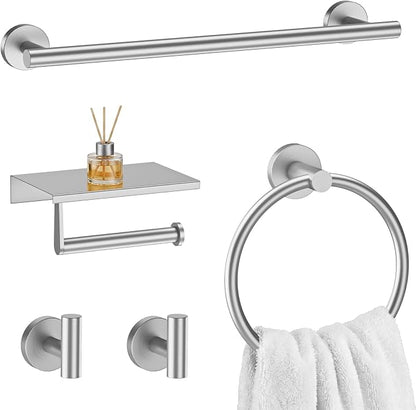 Brushed Nickel 5-Piece Bathroom Hardware Set, 23.6 Inch Towel Bar Set SUS304 Stainless Steel Towel Racks Round Towel Bar, Towel Ring, Toilet Paper Holder, 2 Robe Hooks, Wall Mounted