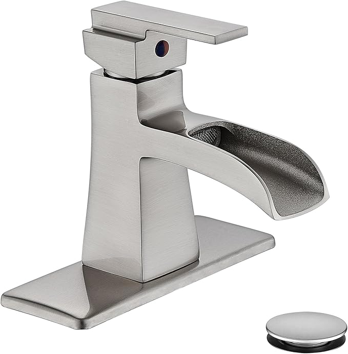 Brushed Nickel Waterfall Bathroom Faucet, Sanliv Single Handle Bathroom Sink Faucet with Pop-Up Drain & Deck Plate for 1 or 3-Hole (4 Inch Centerset) Modern Vanity Faucet Brushed Nickel