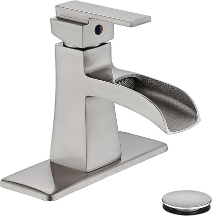 Brushed Nickel Waterfall Bathroom Faucet, Sanliv Single Handle Bathroom Sink Faucet with Pop-Up Drain & Deck Plate for 1 or 3-Hole (4 Inch Centerset) Modern Vanity Faucet Brushed Nickel