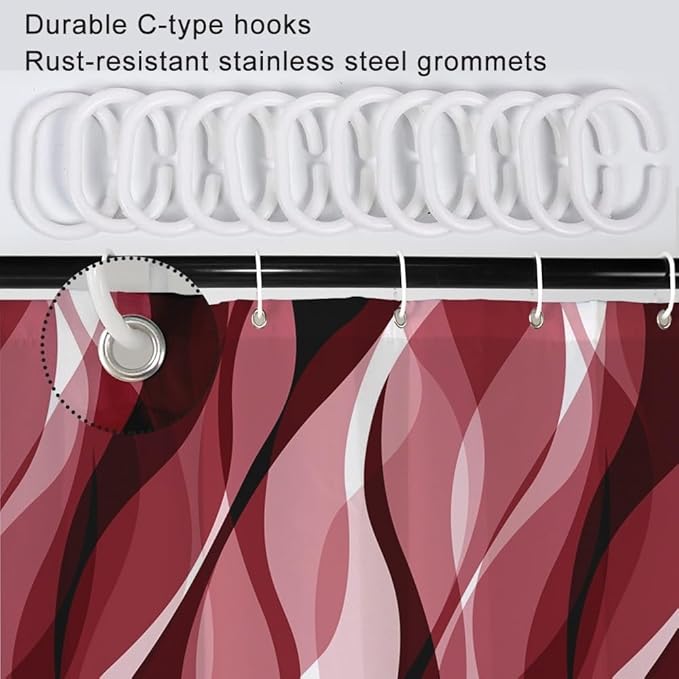 Red Shower Curtain, Modern Abstract Ombre Red Striped Shower Curtain Set for Bathroom Waterproof Shower Curtain with Hooks, 72x72 Inch