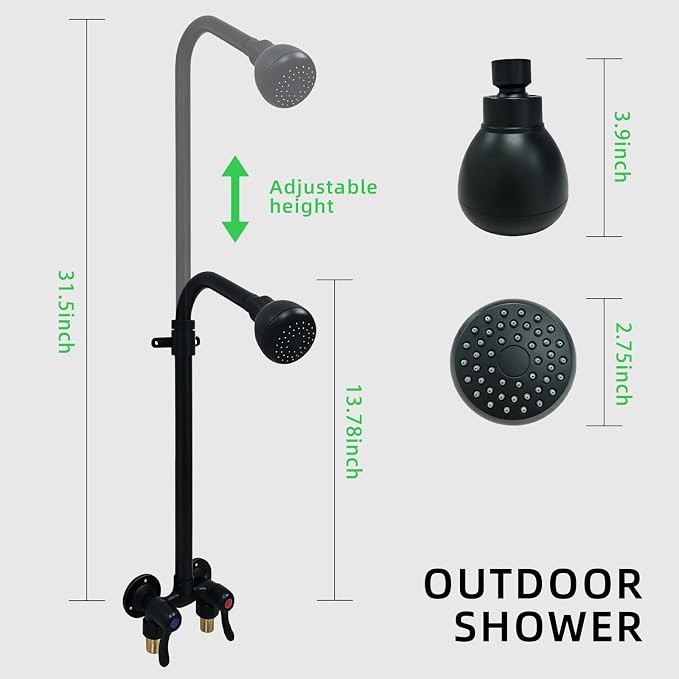 Outdoor Shower Kit Dual Handle Extendable Exposed Pipe Outdoor Shower Fixtures System with ABS Showerhead Solid Brass 4 Inch Center Mix Valve Matte Black